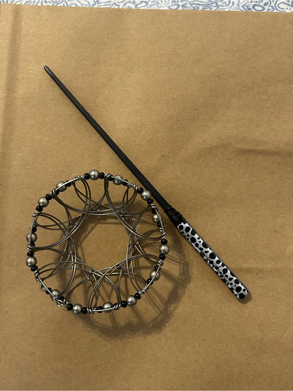 Decorative Silver-Tone Wire Hair Bun Holder with Black/Silver Stick - Picture 2 of 3